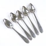 A set of 5 silver teaspoons, with flat handles, maker's marks WW, length 14cm, 2.3oz total (5)