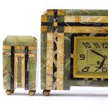 An Art Deco multi-colour marble and onyx-cased clock garniture, clock height 26cm