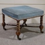 A 19th century mahogany footstool, with barrel twist legs and x stretcher, stamped T Steeon, London,