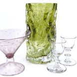A collection of glassware, including 6 small handmade drinking tots, height 8cm, 6 mid-century
