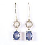 A pair of 14ct gold sapphire and diamond cluster hoop earrings, with shepherd hook fittings, total