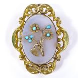 A Victorian unmarked gold turquoise and chalcedony panel brooch, with central flower decoration