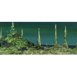 Basil Hadley, oil on board, surrealist landscape, image 4.5" x 27", framed