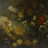 18th century oil on canvas, peacock and flowers, unsigned, 27" x 36", unframed