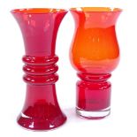 Riihimaki Finland, 2 red glass sculptural vases, circa 1972, height 20cm