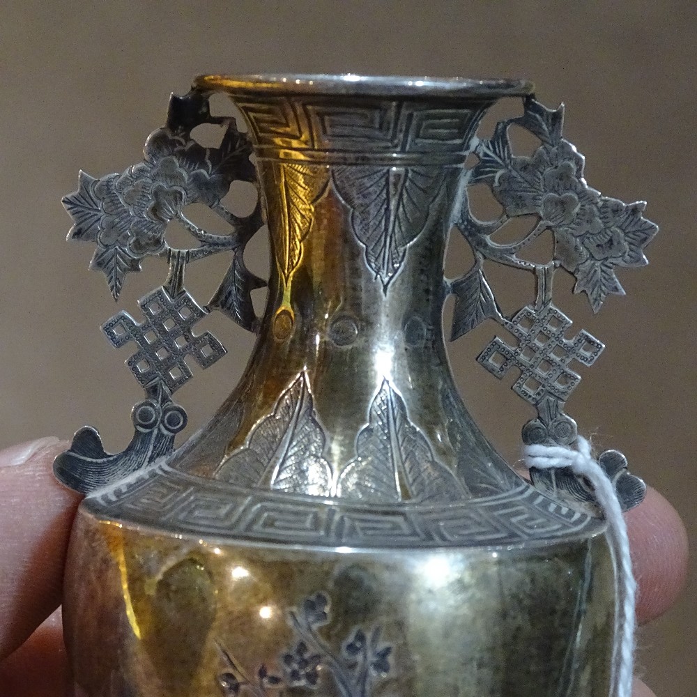 A pair of miniature Chinese silver vases, with bright-cut tree decoration and Greek key borders, - Image 8 of 11
