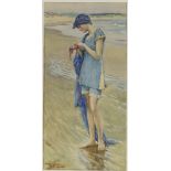 WITHDRAWN Early 20th century watercolour, girl at the shore, unsigned, 15" x 7.5", framed