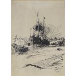 Charles Dixon, pen and ink, Tyne and Wear, inscribed verso, 6.5" x 4.5", framed