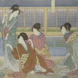 A large Japanese colour woodblock print, circa 1900, interior scene, 20" x 40", framed