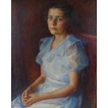 Oil on canvas, portrait of a girl, indistinctly signed, 30" x 24", framed