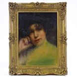 19th/20th century oil on canvas laid on board, portrait of a woman, unsigned, 15" x 11", framed