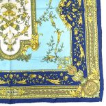 Bayron, silk scarf in blue and gold pattern, 85cm square