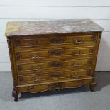A 19th century French walnut chest of 3 long drawers, with coloured marble top, relief carved and