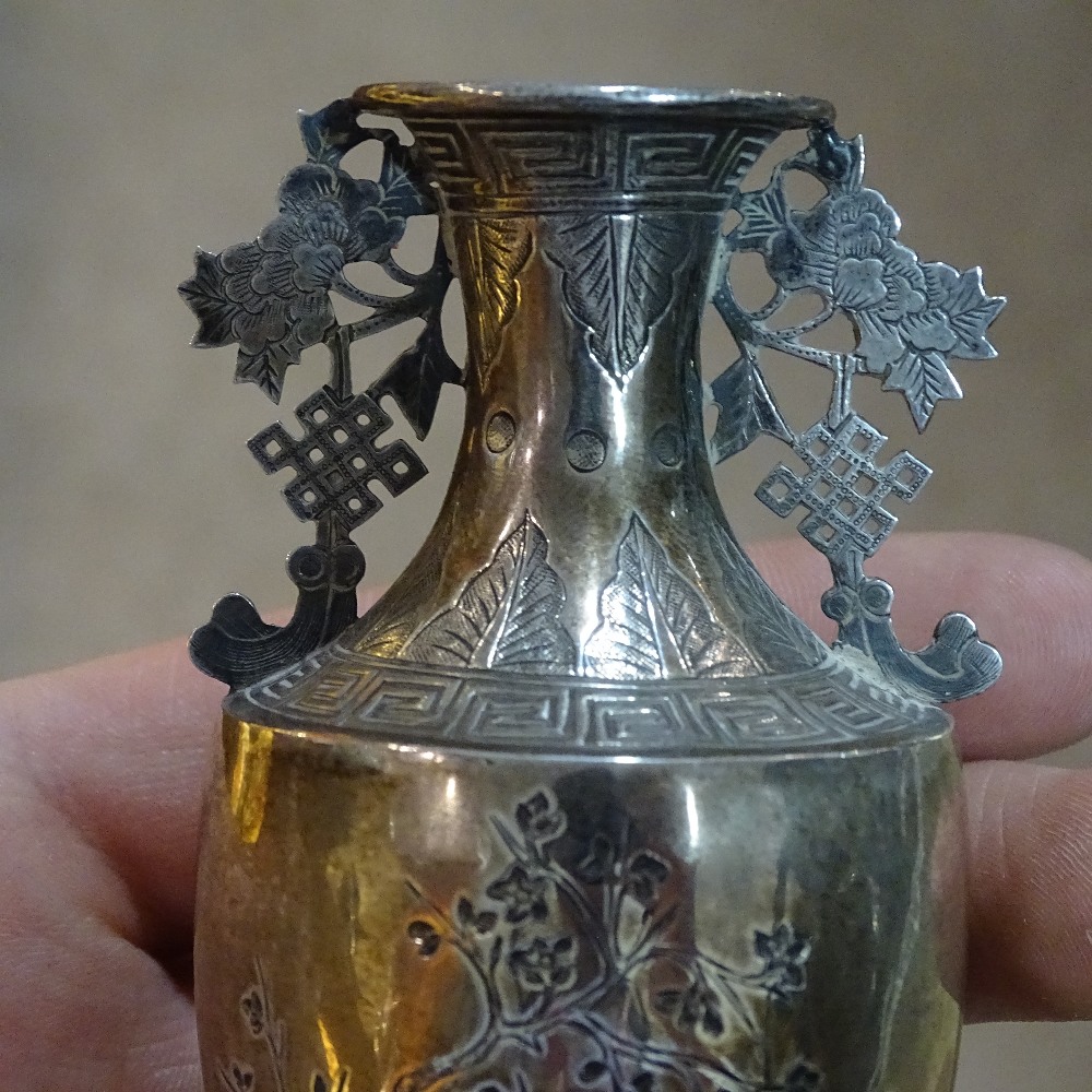 A pair of miniature Chinese silver vases, with bright-cut tree decoration and Greek key borders, - Image 4 of 11