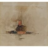 Charles Dixon, small watercolour, steam ship, 3" x 3", framed