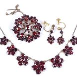 Various faceted garnet jewellery, including necklace, brooch and pair of earrings (3)