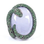 An 18ct white gold chalcedony emerald and diamond figural serpent/snake ring, total emerald
