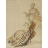 Attributed to Charles Dagomer (1700 - 1767), pencil and watercolour, 2 ladies drinking tea, signed