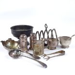 Various silverware, including Georgian sifter spoon, cruets etc, 11.3oz weighable
