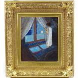 20th century oil on board, study of a woman by a window, unsigned, 12" x 10", framed