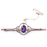 A 9ct gold 3-stone amethyst and split-pearl bar brooch, stylised openwork settings, brooch length