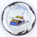 A sterling silver and enamel ashtray, with cigarette and matchbox design, diameter 8.5cm, 1.7oz (