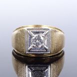 A 14ct gold 0.38ct solitaire diamond signet ring, with brushed shoulders, setting height 12.7mm,