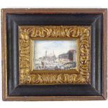 Miniature watercolour, crowds in docklands, unsigned, 2" x 3", framed