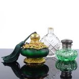 A green glass silver-topped smelling salt bottle, and 2 small perfume bottles (3)