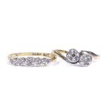 An 18ct gold 2-stone diamond crossover ring, setting height 5.8mm, size J, together with an 18ct 5-