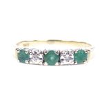 An 18ct gold 5-stone emerald and diamond half-hoop ring, setting height 3.1mm, size L, 2.1g