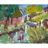 Manner of Fred Yates, oil on board, building in a landscape, inscribed verso, 10" x 12", framed