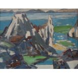 Scottish School, acrylic on board, colourist style study of Cathedral Rock Iona, unsigned, 14" x