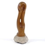 Maxwell Wood, carved wood abstract sculpture, Continuity, on stone plinth, 1965, height 10"