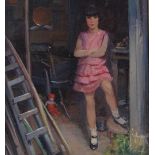 Harry John Pearson RBA (1872 - 1933), oil on panel, girl in pink by garden shed, 16" x 12.5", framed