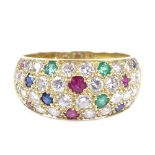 An 18ct gold ruby, sapphire, emerald and diamond cluster ring, setting height 9.5mm, size O, 5.6g