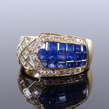 An 18ct gold sapphire and diamond buckle ring, set with calibre-cut sapphires and princess