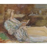 John Ward, watercolour, girl reading, signed and dated 1999, 9" x 18", framed