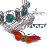 A Mexican sterling silver and malachite hinged bangle, silver and green stone bangle by Los