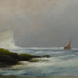 19th century oil on board, storm swept coastal scene, unsigned, 7" x 14", framed