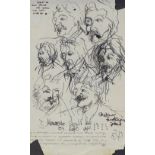19th century sheet of ink sketches on laid and watermarked paper, portrait studies, several