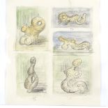 Follower of Henry Moore, sheet of pencil and watercolour sketches, sculpture studies, sheet size