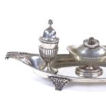 A late Victorian oval silver table smoker's companion, including central burner and flanking