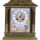 A brass-cased architectural mantel clock, with painted porcelain dial and sides, 8-day striking