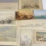 A folder of 19th century marine watercolours, and a folder of various drawings, portraits and