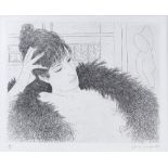 Adrian George, etching, girl in a feather boa, signed in pencil, 1992, no. 30/30, plate size 13.5" x