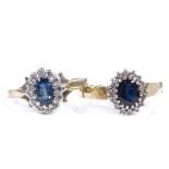 2 9ct gold sapphire and diamond cluster rings, lighter sapphire size M, other is size O, 4.8g