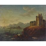 18th century oil on panel, coastal scene, unsigned, 12" x 15", unframed