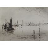 W H Sweet, pair of etchings, scenes in Venice, image 5.5" x 7", framed