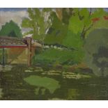 Charles Ginner, oil on board, river scene, signed, 12" x 13.5", framed